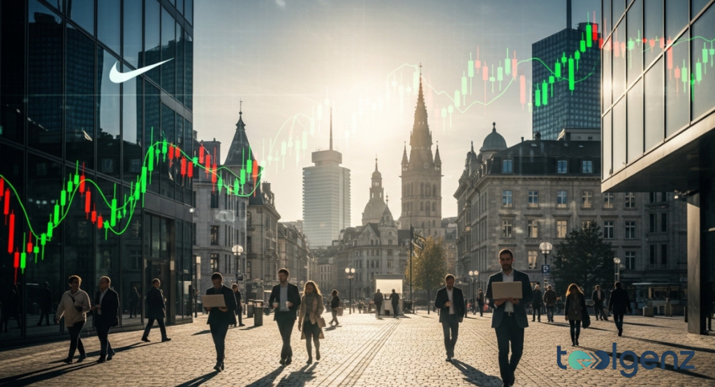 Pedestrians walk through a sunlit European square as candlestick charts arc overhead. A white swoosh logo appears on a glass building to the left.