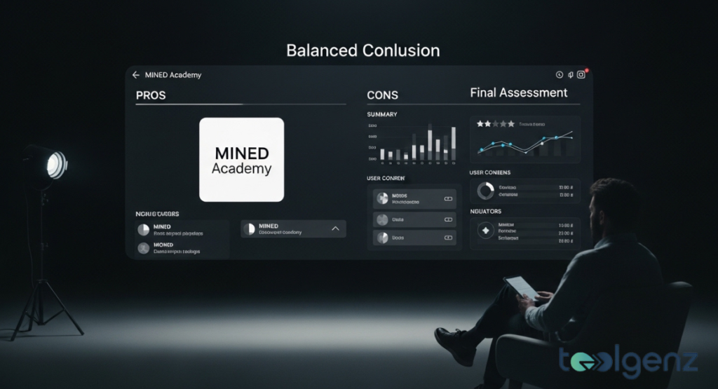 A dark studio setting shows a single person reviewing a balanced comparison of pros and cons for a corporate entity on a large projection.