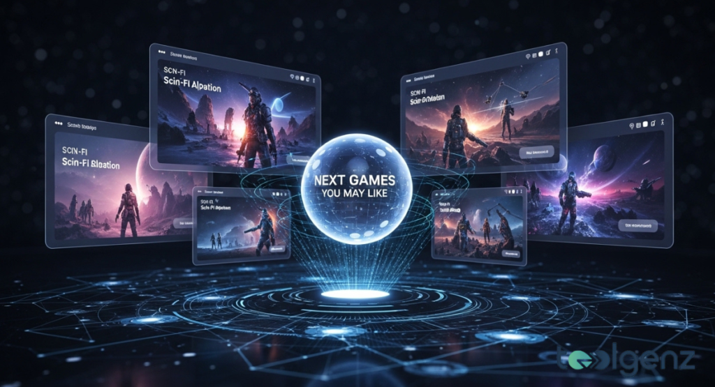 Floating screens display various sci-fi game covers around a glowing blue orb. Text in the center reads “NEXT GAMES YOU MAY LIKE” on a digital grid.