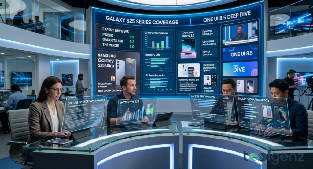 Analysts at a news desk review holographic charts on CPU performance, battery life, and AI benchmarks