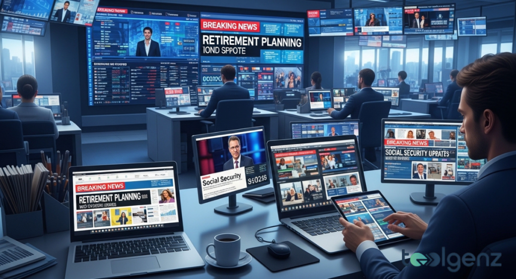 A modern newsroom filled with monitors displaying breaking news stories about retirement planning and benefit updates.
