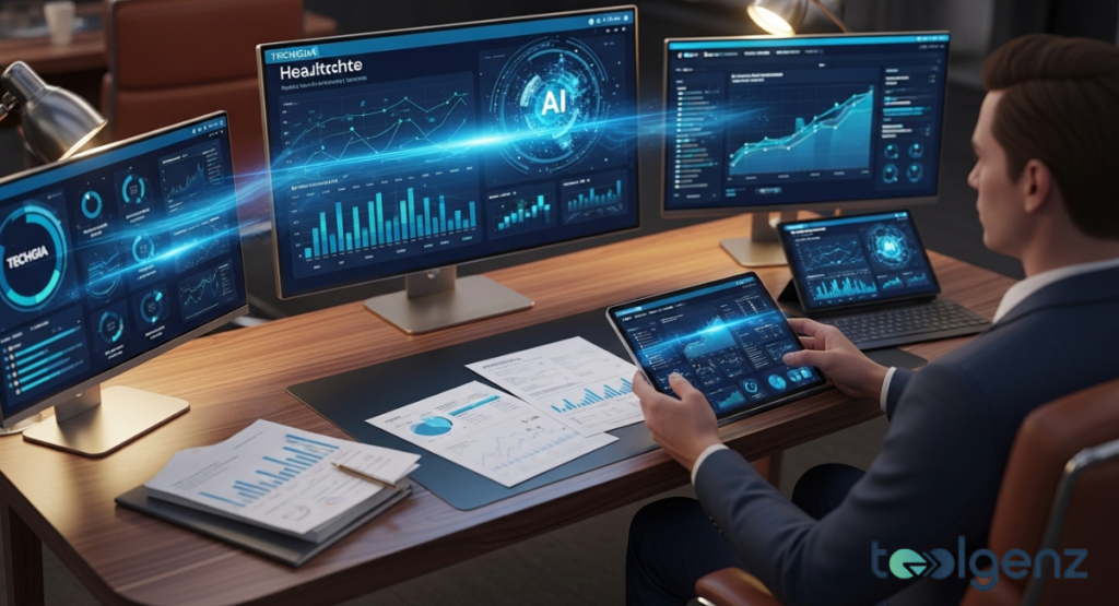 An analyst's desk features a tablet and multiple monitors displaying glowing blue graphs and artificial intelligence icons.