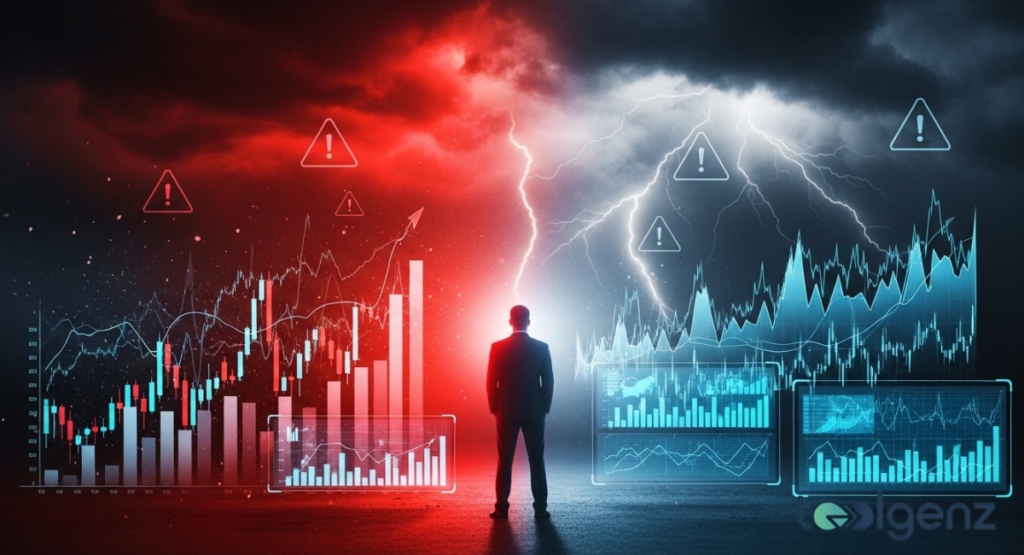 An individual stands between contrasting red and blue financial data zones under a stormy sky. Warning icons emphasize the inherent risks and challenges of market fluctuations.