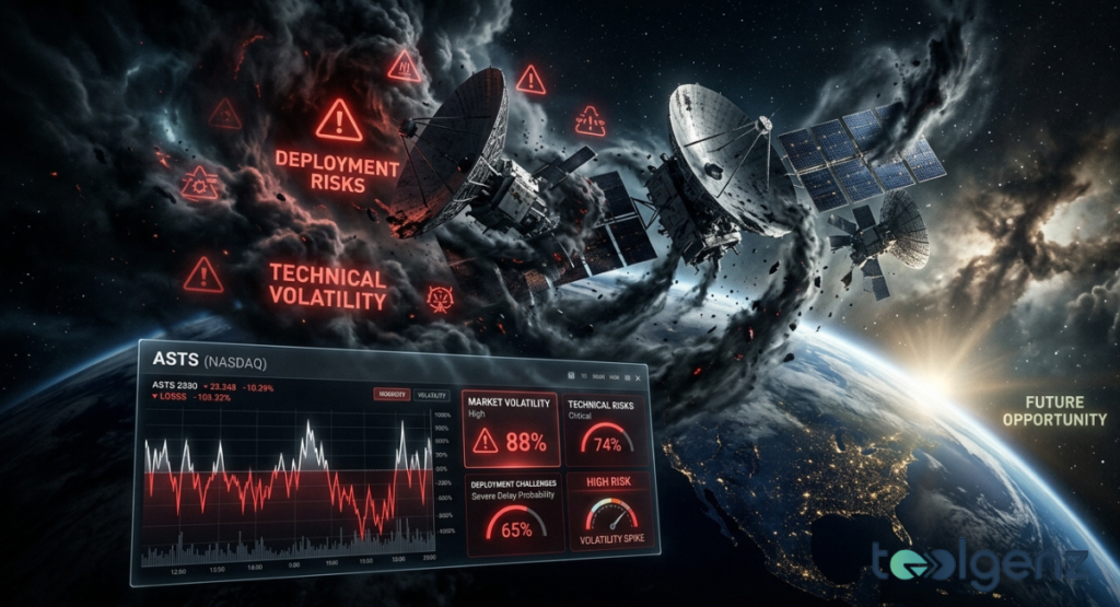Damaged satellites drift through storm clouds above Earth as red warning icons read “DEPLOYMENT RISKS” and “TECHNICAL VOLATILITY.”