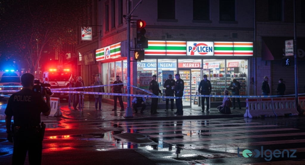 Police tape and flashing lights surround a brightly lit corner shop at night as officers and media gather on the wet street.