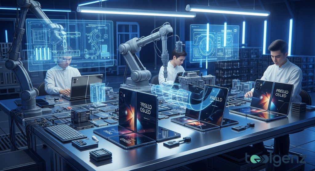 Engineers in a blue-lit lab assemble foldable phones while robotic arms and holographic schematics detail hinge mechanisms.