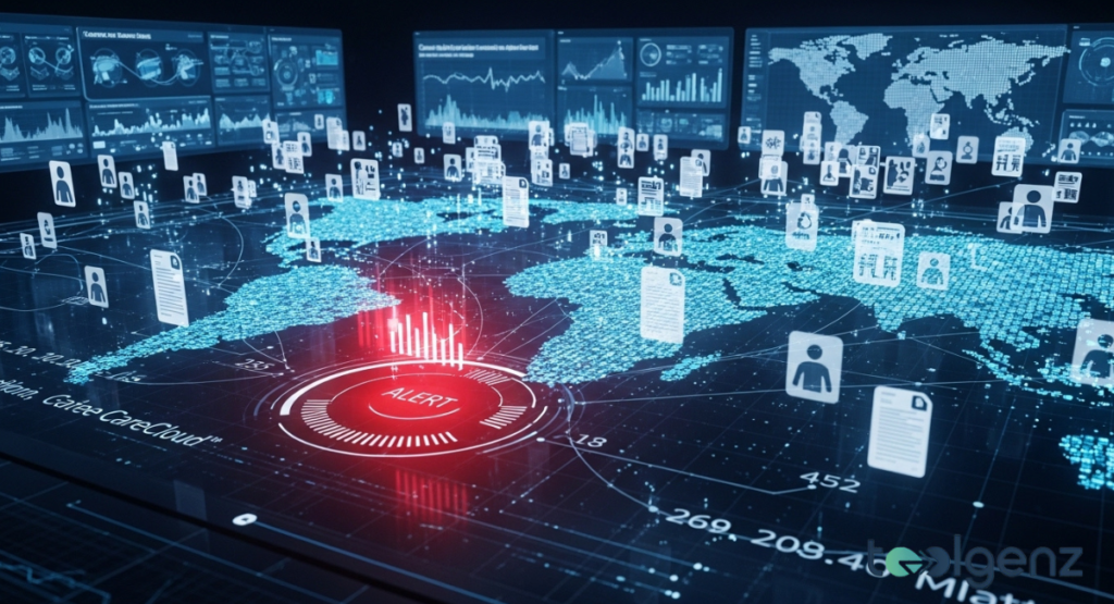 A digital world map illuminated with data points and a large red "ALERT" beacon pulsing over a specific region.