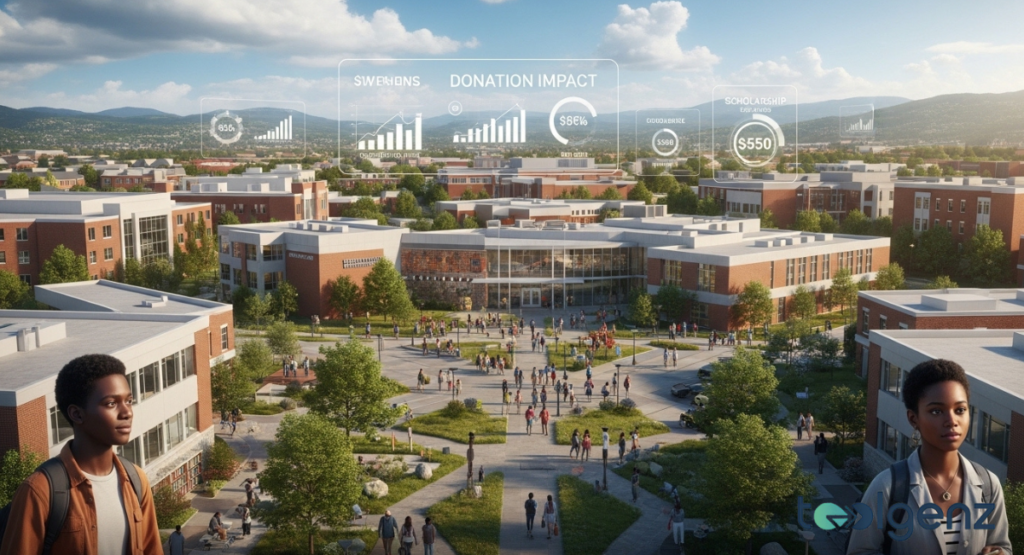 The image highlights how a MacKenzie Scott higher education donation helps fund scholarships, facilities, and faculty growth.