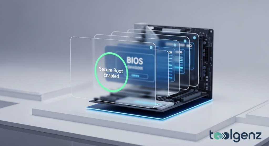 A 3D render of a PC motherboard with holographic UI panels showing “Secure Boot Enabled” and BIOS status. The new Windows Update interface now surfaces Secure Boot protection status directly on the update screen.