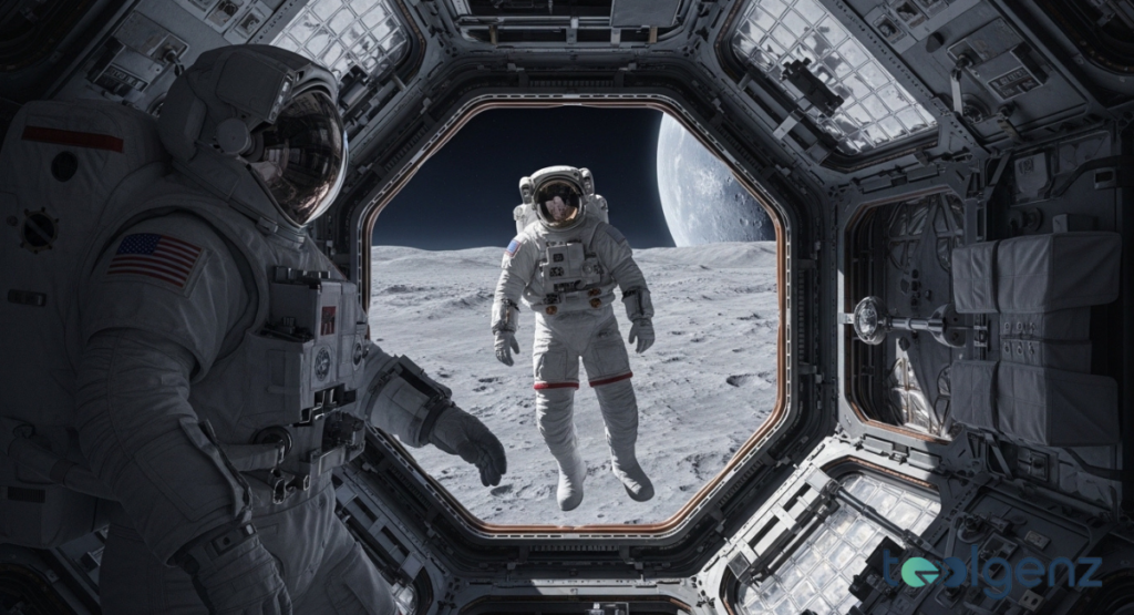 An astronaut gazes through a large, octagonal viewing portal at another crew member floating outside.