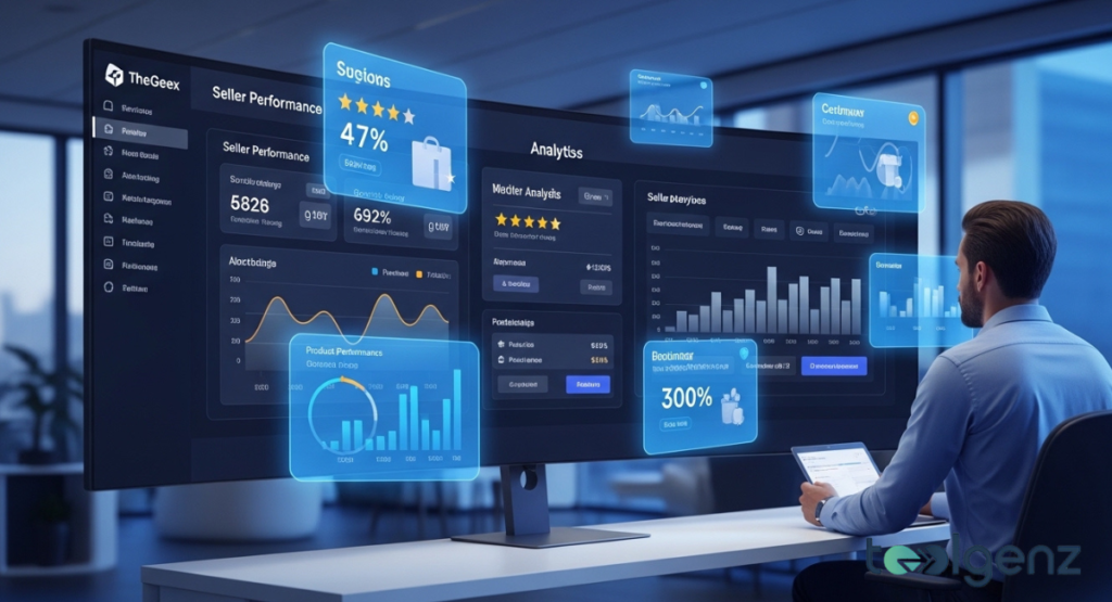 A professional male analyst monitors a wide, curved screen displaying complex performance metrics and seller analytics.