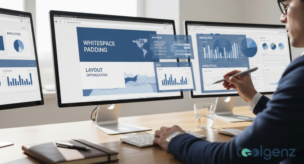 A businesswoman at a desk, pointing with a stylus to a monitor showing a presentation slide about 'WHITESPACE PADDING.' Charts and graphs populate surrounding screens to show how to add space for better layout optimization.