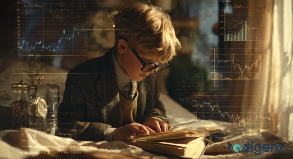 A bespectacled boy in a suit reads a book on his bed while translucent stock charts float around him. Jars of coins and a pocket watch sit nearby, hinting at early saving and investing habits.