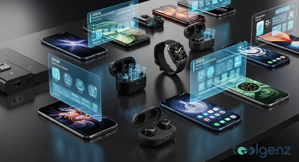New Tech 2026 Multiple flagship smartphones, earbuds, and a smartwatch are arranged on a dark surface. Translucent holographic UI panels float above each device showing stats and controls.