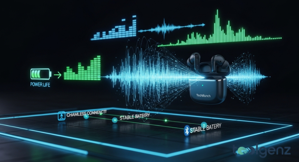 A digital infographic highlights superior sound quality, long-lasting battery life, and seamless Bluetooth connectivity icons.
