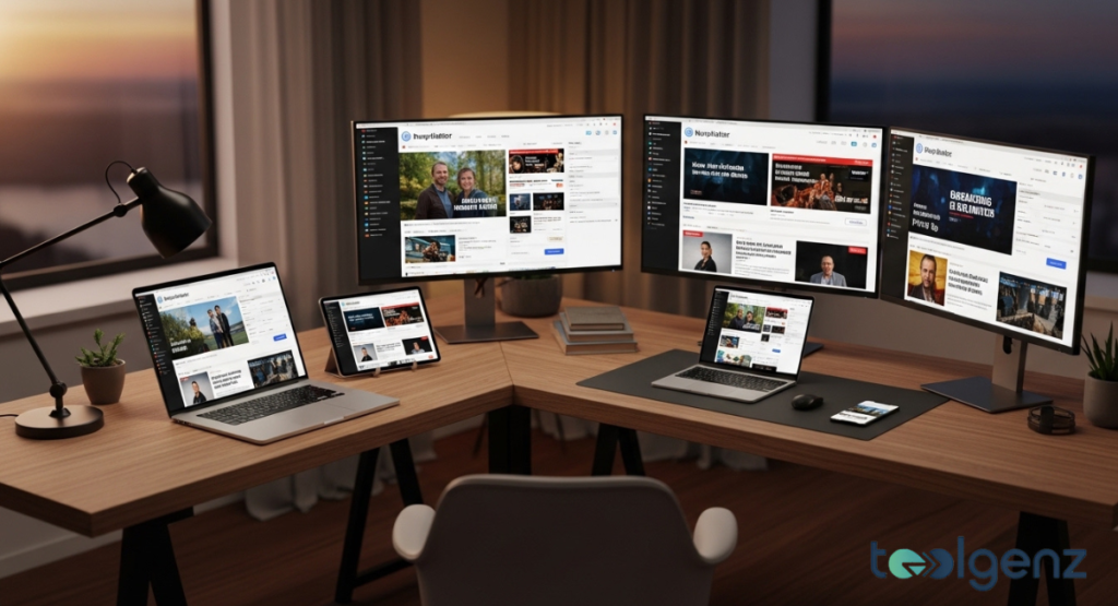 A wooden L-shaped desk holds multiple monitors and laptops, all displaying news articles and video content.