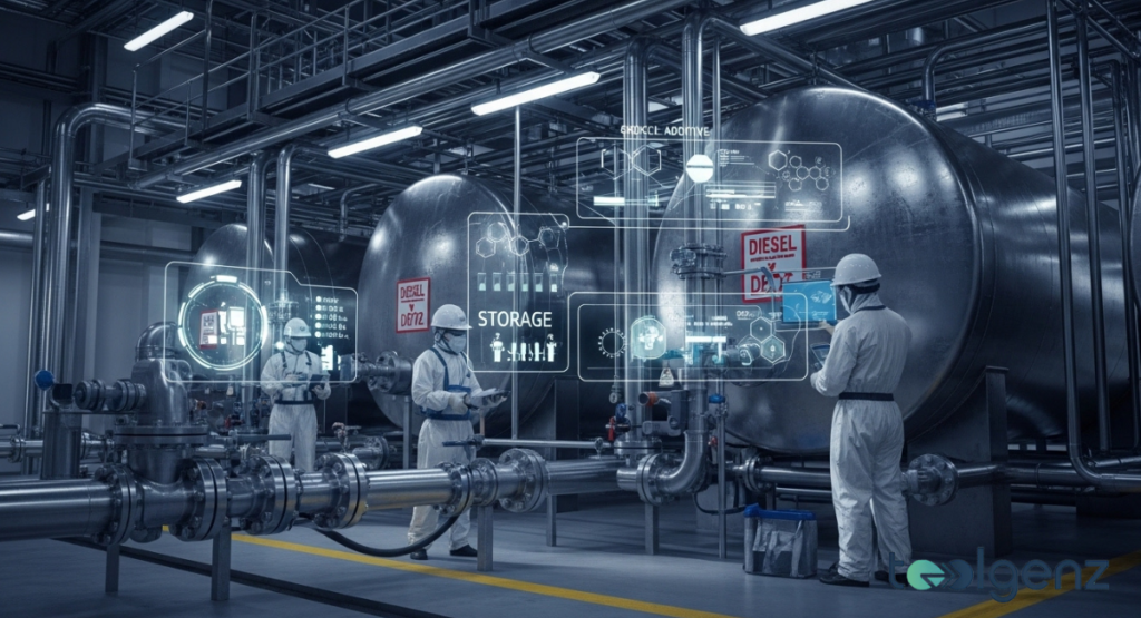 Technicians in protective gear monitor large storage tanks with floating UI showing water sensors and additive dosing.