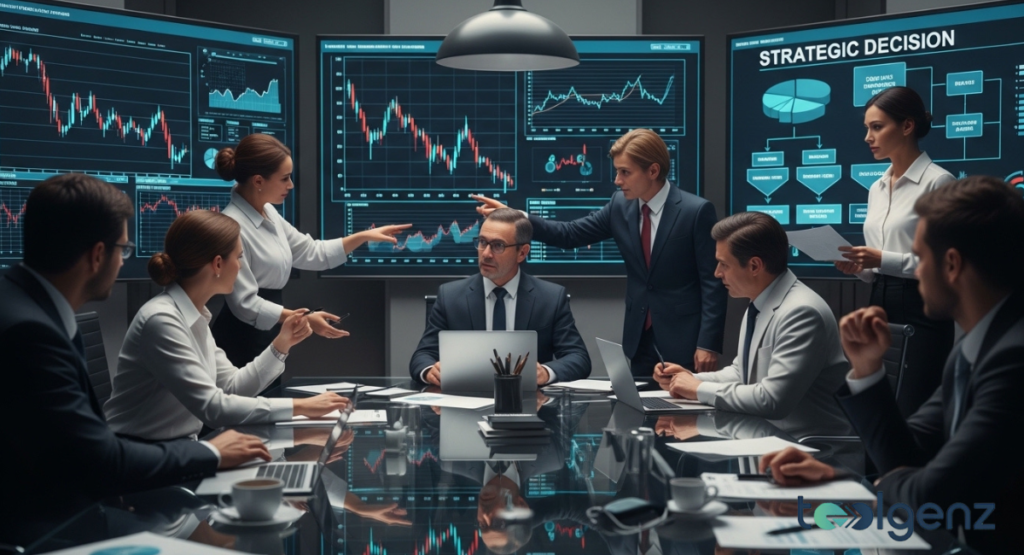 A group of business experts gather in a dimly lit war room, pointing at large glowing screens filled with stock market charts and data.