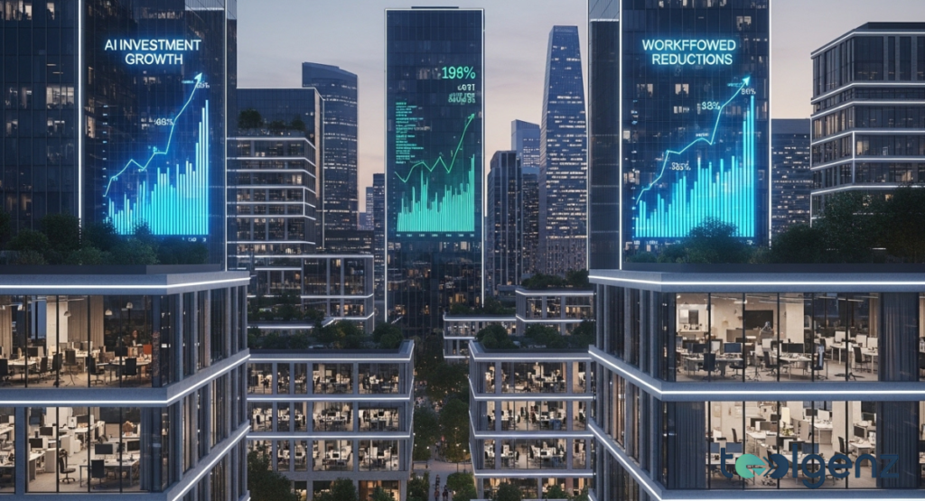 City skyline at dusk with skyscrapers projecting giant data visualizations. Screens read “AI Investment Growth” and “Workforce Reductions” above lit offices.