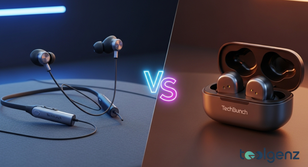 A side-by-side comparison of a flexible wireless neck-wrap headset and a standard in-ear model with a charging case.