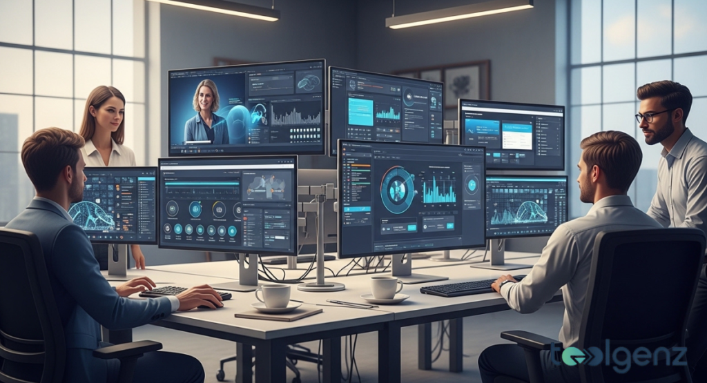 A collaborative team of developers works at a shared desk surrounded by multiple high-resolution monitors displaying medical analytics.