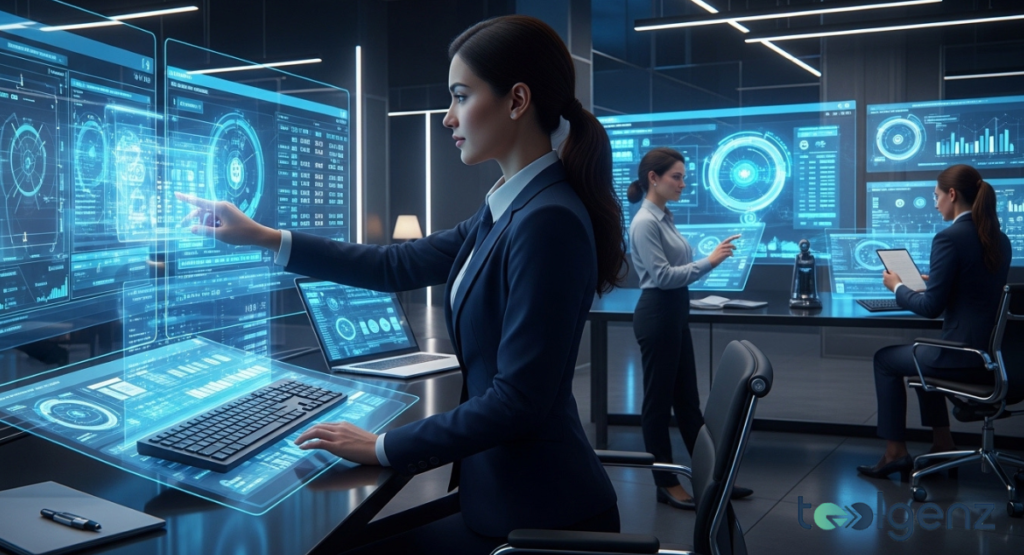 Three professionals interact with floating holographic dashboards and transparent screens in a dark, blue-lit operations center.