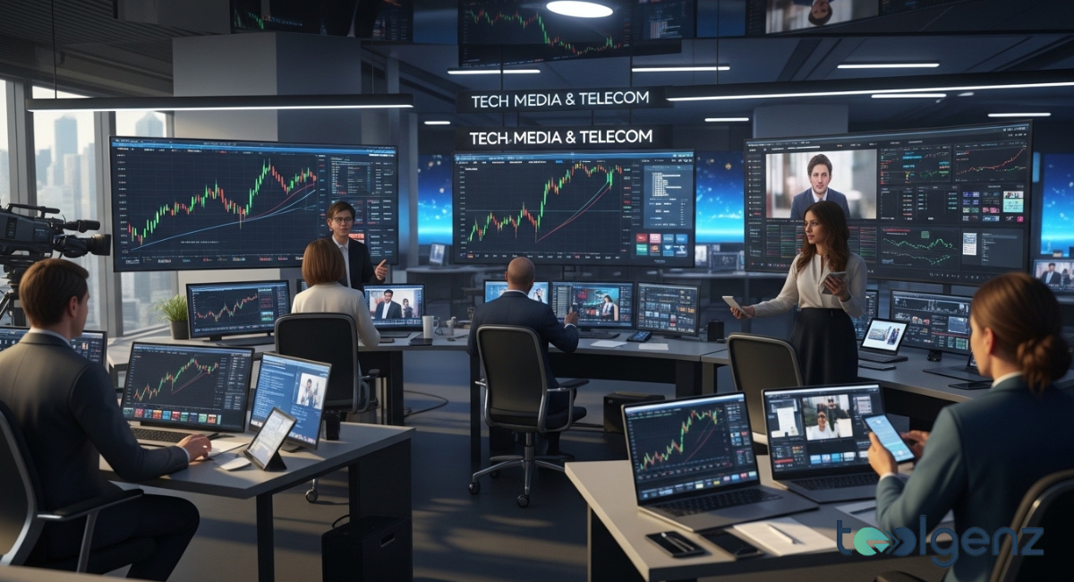 A wide view of a modern control room with many large monitors displaying stock graphs and data. Analysts sit at desks, observing screens under fluorescent lights.