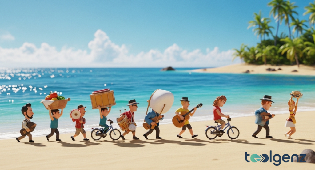 A line of stylized Mii characters marches along a sunny beach carrying food, drums, and guitars. Their exaggerated poses and props create a whimsical, unscripted parade by the ocean.