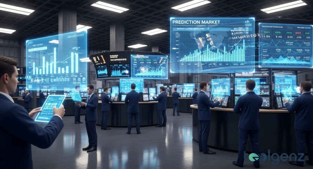 A futuristic trading hall where individuals interact with floating holographic screens displaying "PREDICTION MARKET" data. The blue-toned environment suggests a high-tech, next-generation financial hub.