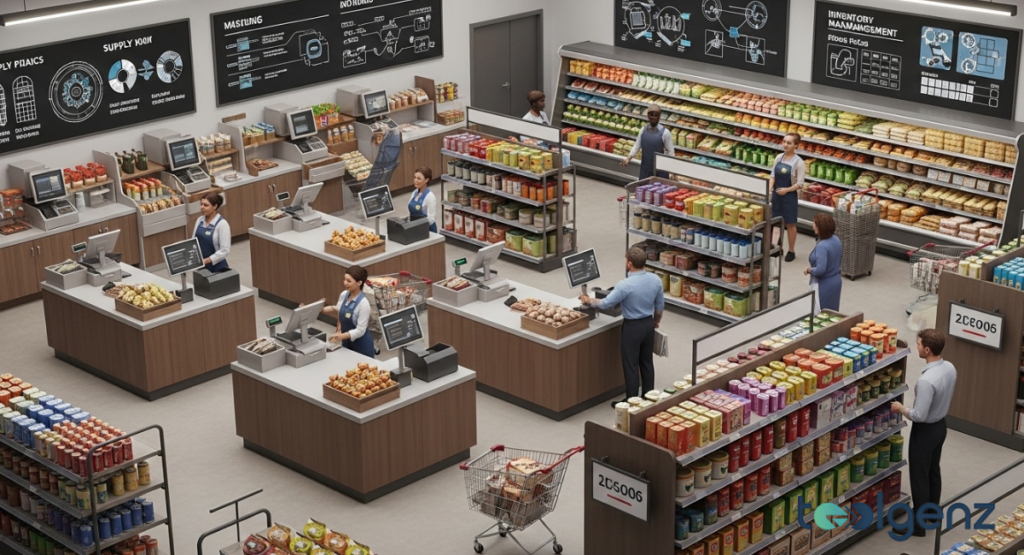An overhead view of a modern, highly organized grocery store featuring numerous checkout pods and digital inventory boards. The layout emphasizes efficiency and state-managed logistics for essential goods.