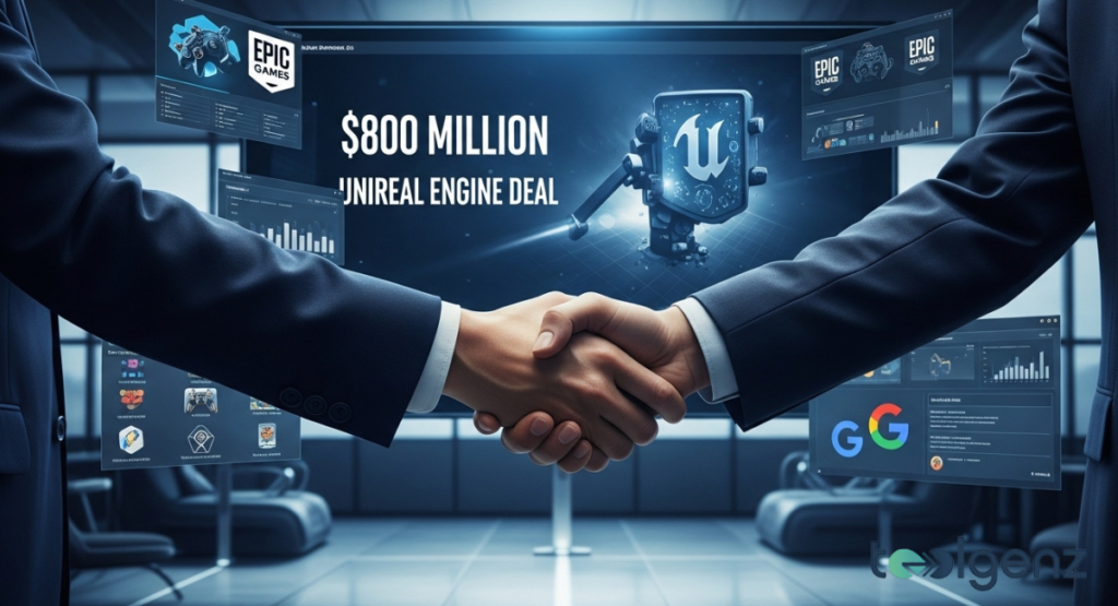 Two hands in business suits shaking hands against a screen detailing an Epic Games $800 million Unreal Engine contract.