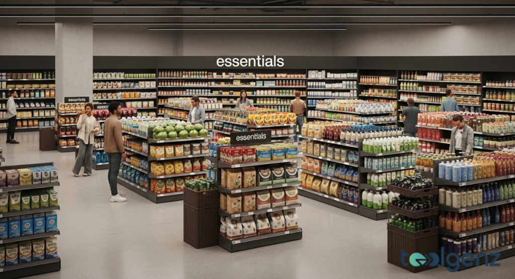 A wide view of supermarket shelves stocked with uniform packaging under a large "Essentials" sign. Customers browse a variety of basic goods, from fresh produce to shelf-stable staples.
