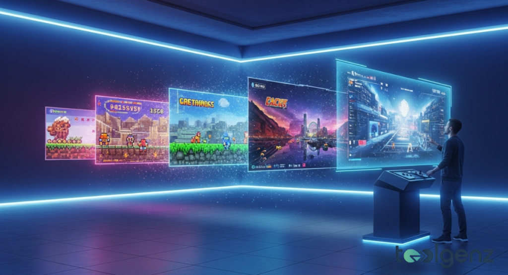 A person interacts with a curved wall of floating screens showing pixel art evolving into modern 3D remakes. Neon UI tracks upgrades from 8-bit to 4K as the user previews what players can expect next.