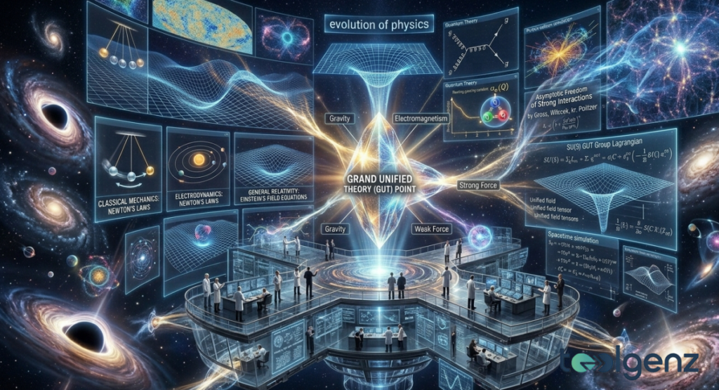 Scientists work in a space station-like lab beneath a cosmic display converging gravity, electromagnetism,