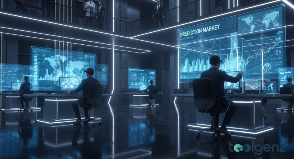 Analysts wearing VR headsets work at sleek white desks in a minimalist, neon-lit command center. Large digital displays project global market statistics against a dark, architectural backdrop.