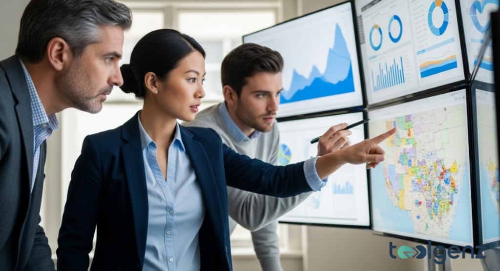 A woman points to a segmented map of the US, explaining demographic data to two male colleagues.