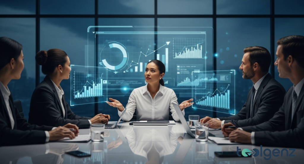 Five executives sit around a glossy table while holographic charts float between them. A woman in a white shirt gestures as peers listen intently.