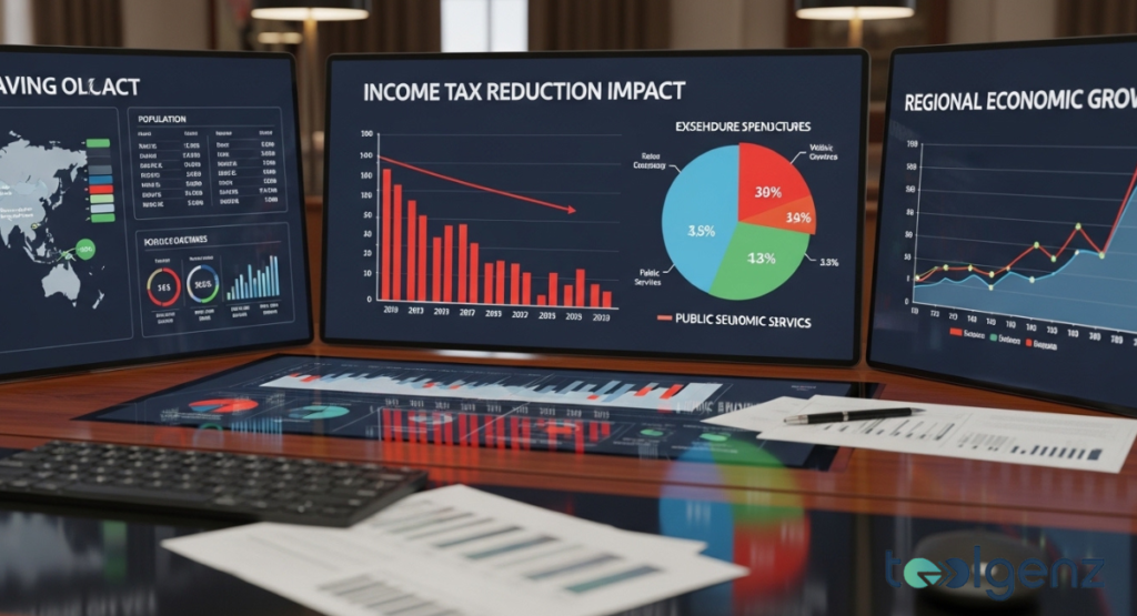 A series of monitors displaying economic data, including a large graph titled "INCOME TAX REDUCTION IMPACT."
