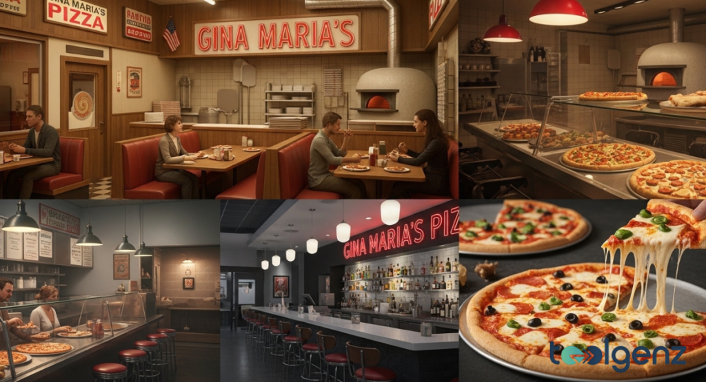 Interior views of Gina Maria's Pizza showing its cozy dining area and busy kitchen, now soon to be shuttered.