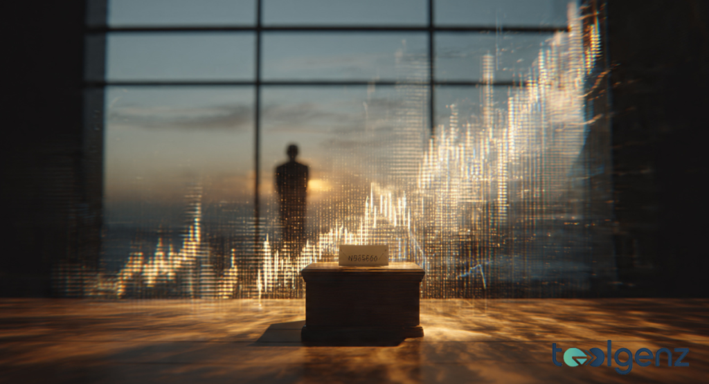 A silhouetted figure stands before floor-to-ceiling windows as golden financial charts rise like a city skyline. A small box in the foreground represents the modest origins of a vast financial journey.
