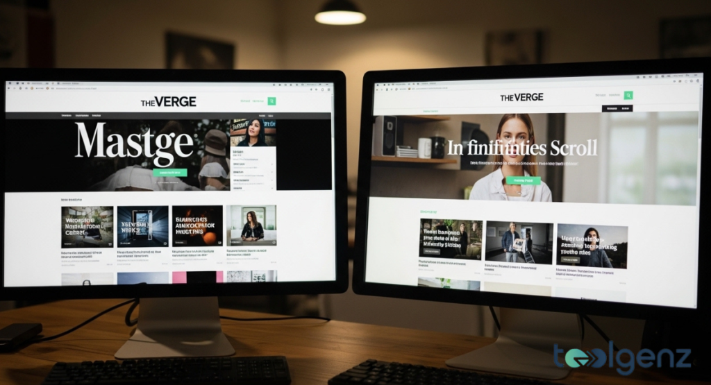 Two monitors displaying side-by-side comparisons of The Verge’s website, featuring a new "Infinite Scroll" layout. The interface uses a clean white background with large, editorial-style imagery.