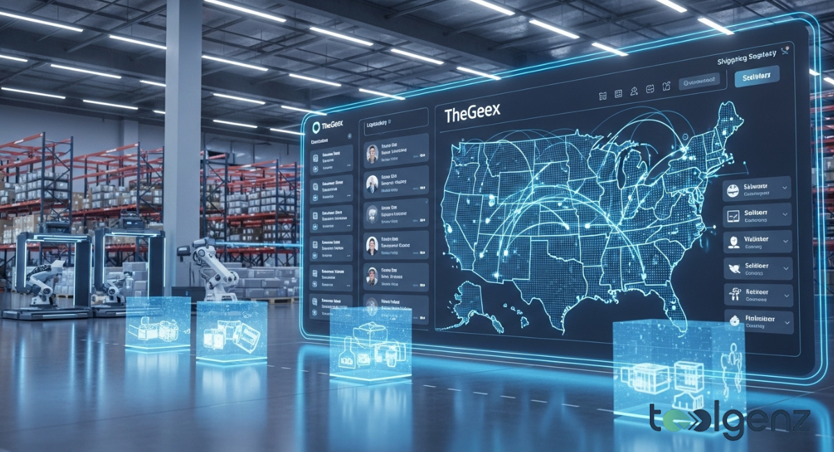 A vast, automated warehouse features robotic arms and a large digital map of the USA showing shipping logistics.