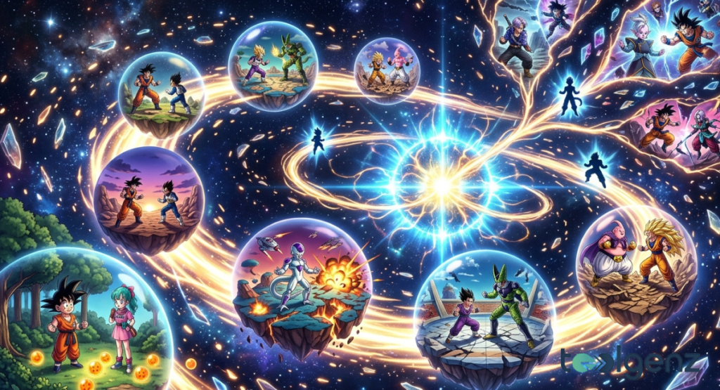 Glowing orbs float in space, each containing iconic battles from Dragon Ball history connected by golden timeline threads.