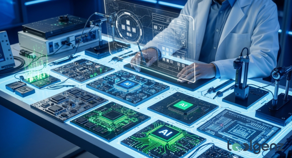 A technician in a lab coat works at a glowing workstation populated with advanced AI-labeled microchips and circuit boards.