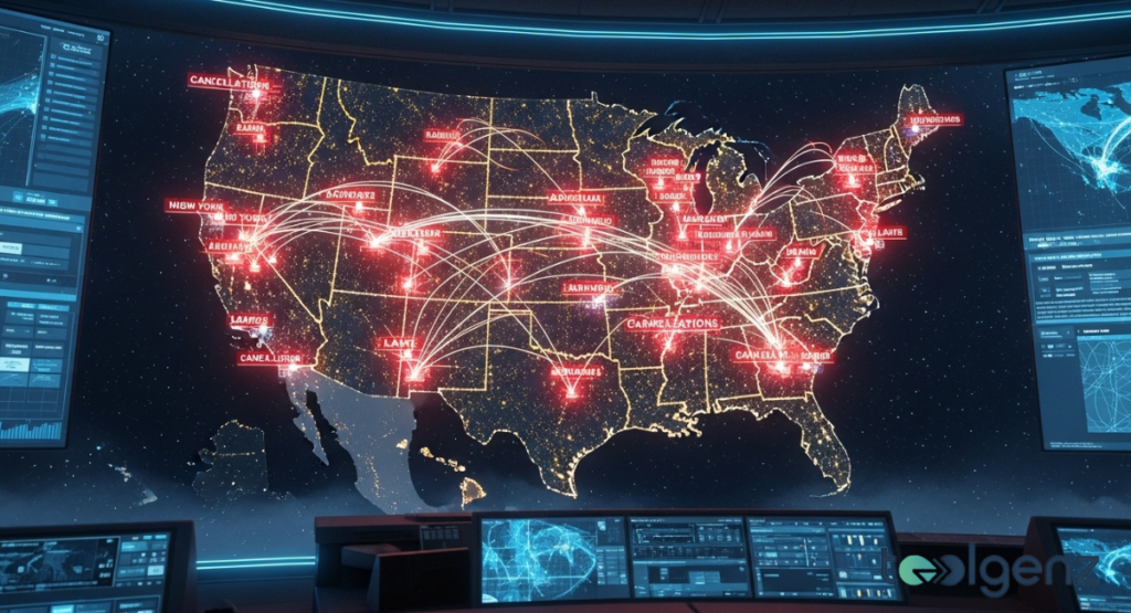 A high-tech operations room displays a digital map of the United States covered in red warning markers for grounded flights.