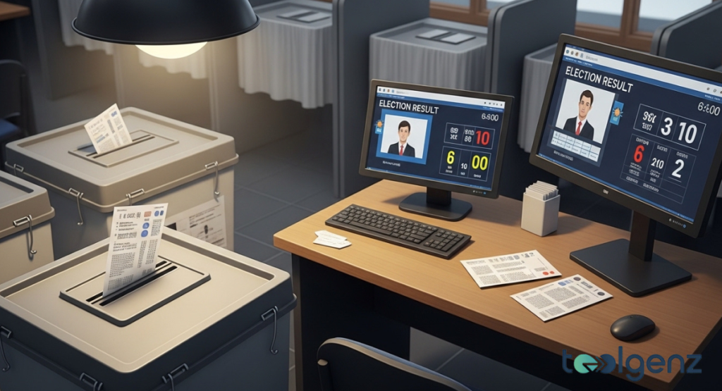 Monitors show real-time election results next to secure grey ballot boxes with a voter list partially inserted.
