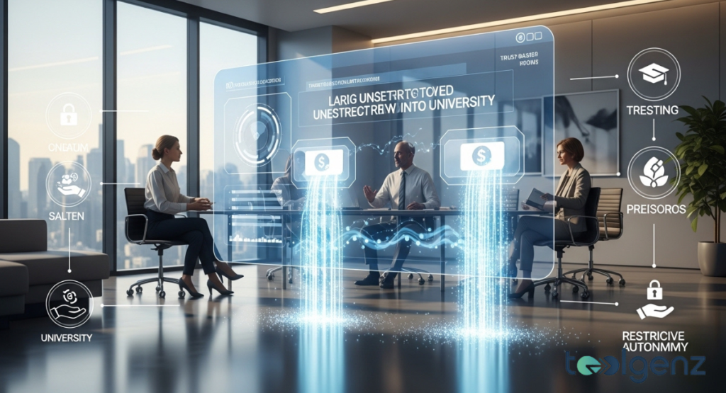 Three leaders discuss strategy around a holographic display showing unrestricted funds flowing into a university model.