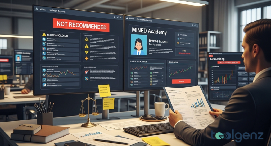 A dual-monitor setup in an office displays a detailed technical evaluation labeled as not recommended due to high-risk entity status.