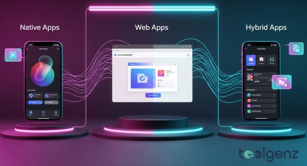 A comparative visual display showing three distinct categories: Native, Web, and Hybrid applications. Devices on glowing pedestals demonstrate the differences between platform-specific and cross-platform builds.