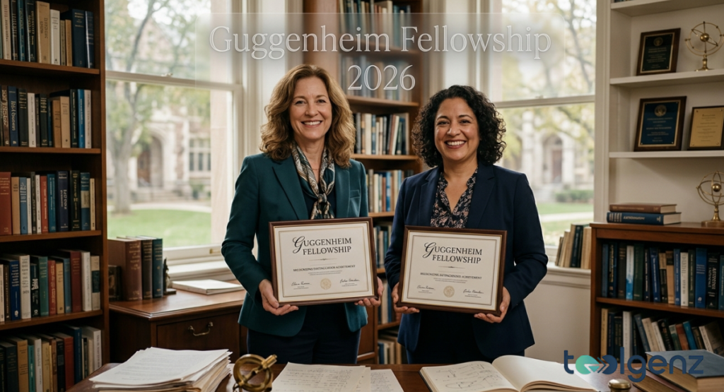 Two smiling professors hold framed Guggenheim Fellowship certificates in a sunlit campus office